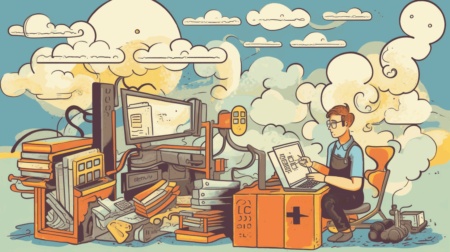 A cartoon-style image of a packer creating different machine images for multiple platforms, with a laptop and clouds in the background.