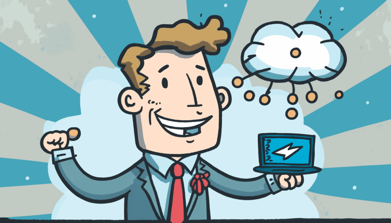 A cartoon-style image of a smiling graduate holding a laptop and a certificate while standing in front of a computer server with clouds in the background, representing the connection between cloud computing and career advancement.
