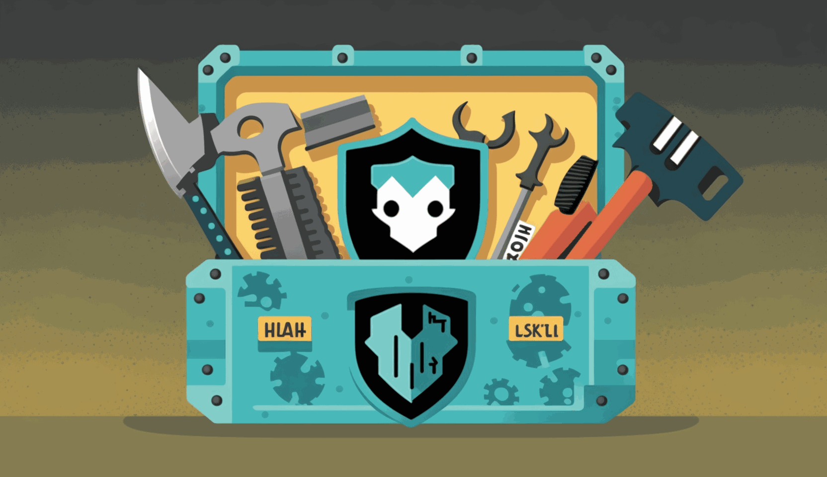 A cartoon-style image of a toolbox with open source logos on each tool, along with a shield with a lock in the center to represent cybersecurity, all on a background with binary code.