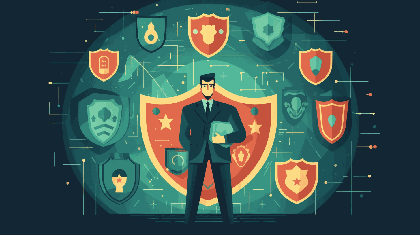 A cartoon-style image showing a cybersecurity professional with a shield protecting a network from cyber threats.