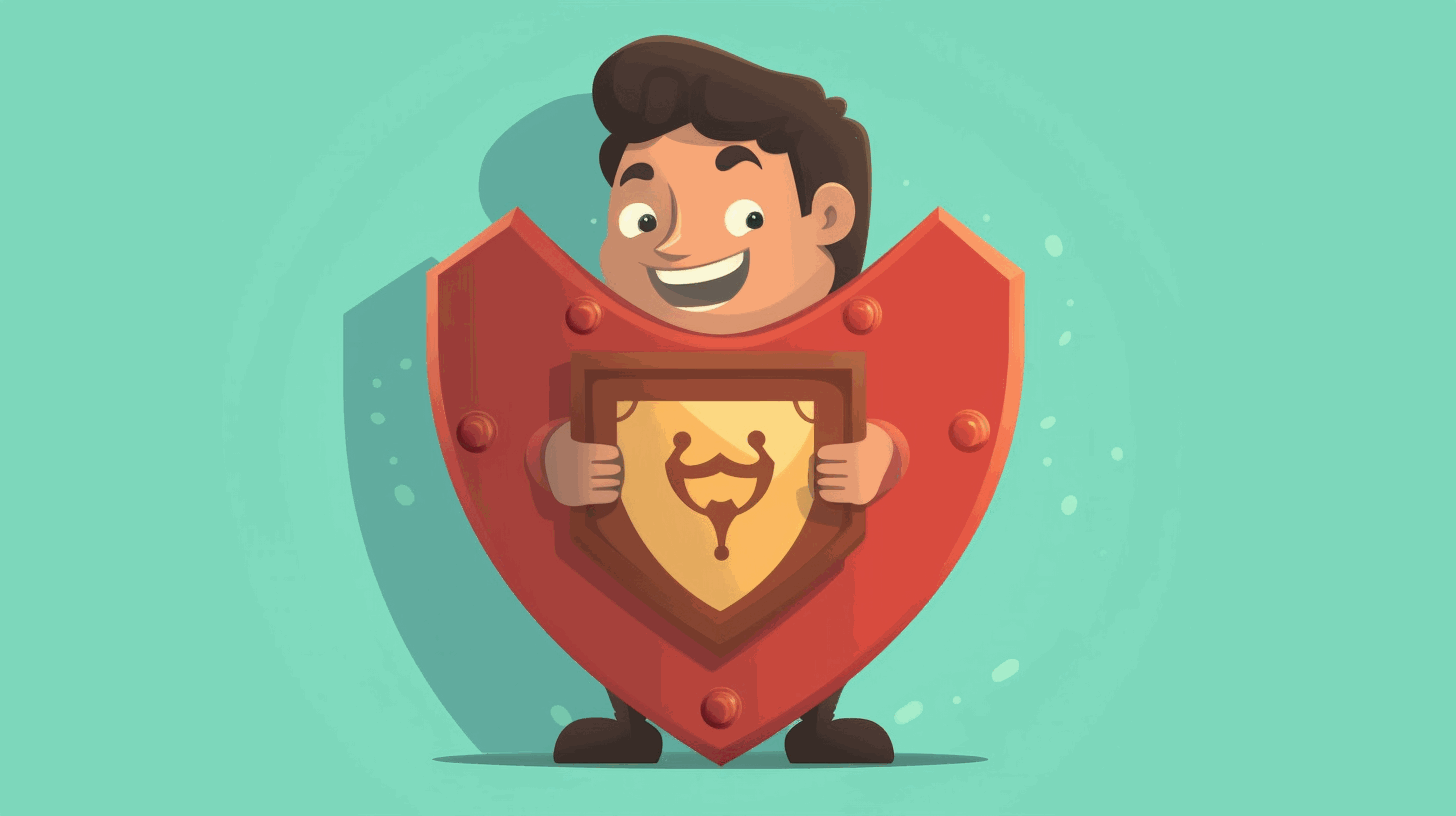 A cartoon character holding a shield with a lock symbol, representing password security and protection.