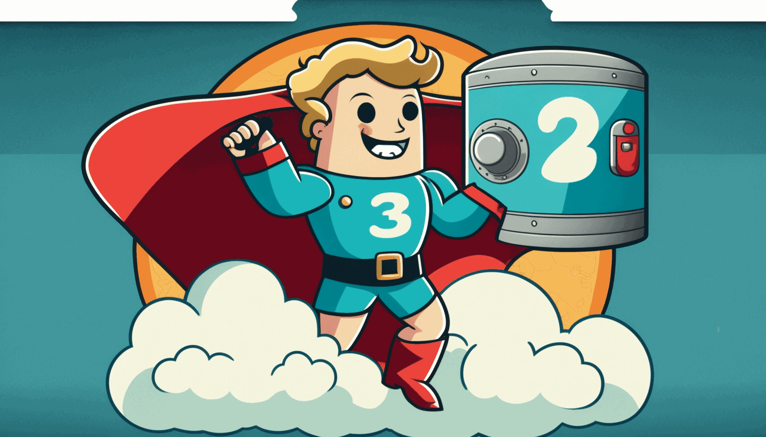 A cartoon character with a cape holding a shield with the number 3 on it, while standing on top of two storage boxes, one representing a hard drive and the other a cloud, and pointing to a globe representing offsite storage.