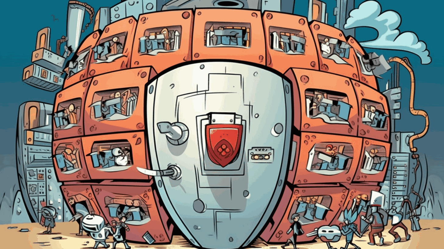 A cartoon illustration depicting a shield protecting a network server from cyber threats.