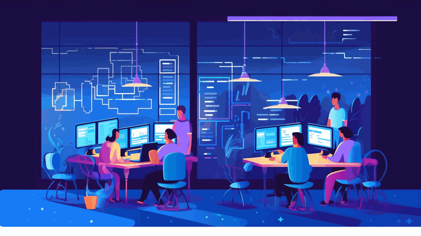 A cartoon illustration depicting developers using Visual Studio Code and Visual Studio Community, working collaboratively on code development.