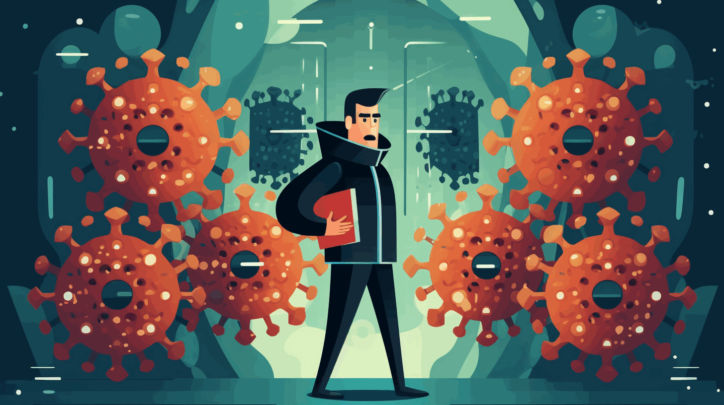 A cartoon illustration of a cybersecurity professional with a shield defending against a swarm of digital viruses.