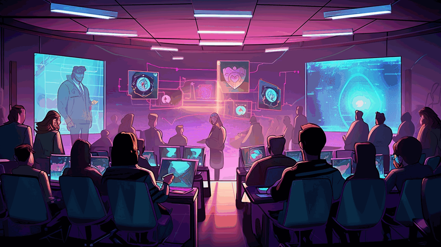 A cartoon illustration of a group of diverse employees engaged in a security training session with a cybersecurity backdrop.