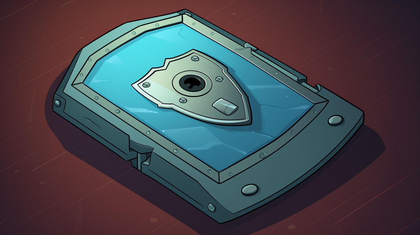A cartoon illustration of a locked hard drive with a shield symbolizing full disk encryption.
