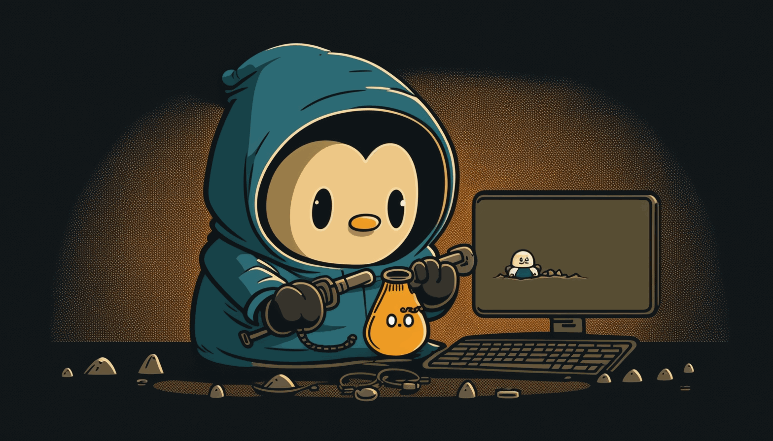 A cartoon illustration of a person wearing a hoodie, sitting in front of a computer screen with the Linux command line interface visible, and holding a magnifying glass to represent the cybersecurity aspect.