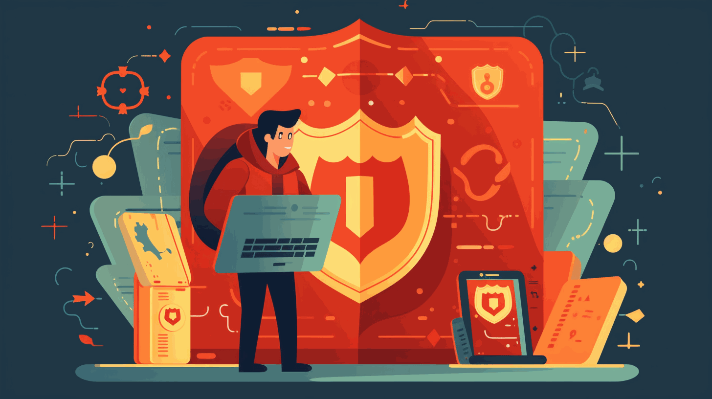 A cartoon illustration of a person wearing a superhero cape, holding a shield, and standing in front of a computer with locks and shields around it.