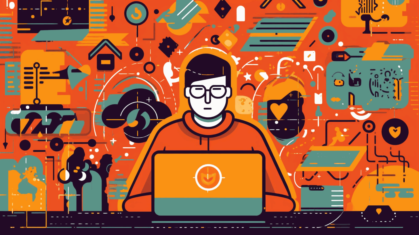 A cartoon illustration of a person working on a laptop with cybersecurity-related icons and symbols around them.