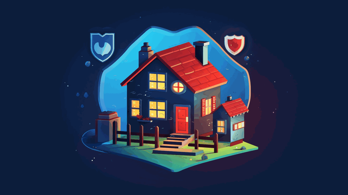 A cartoon illustration of a shield protecting a house with various connected devices around it, symbolizing home network security and device protection.