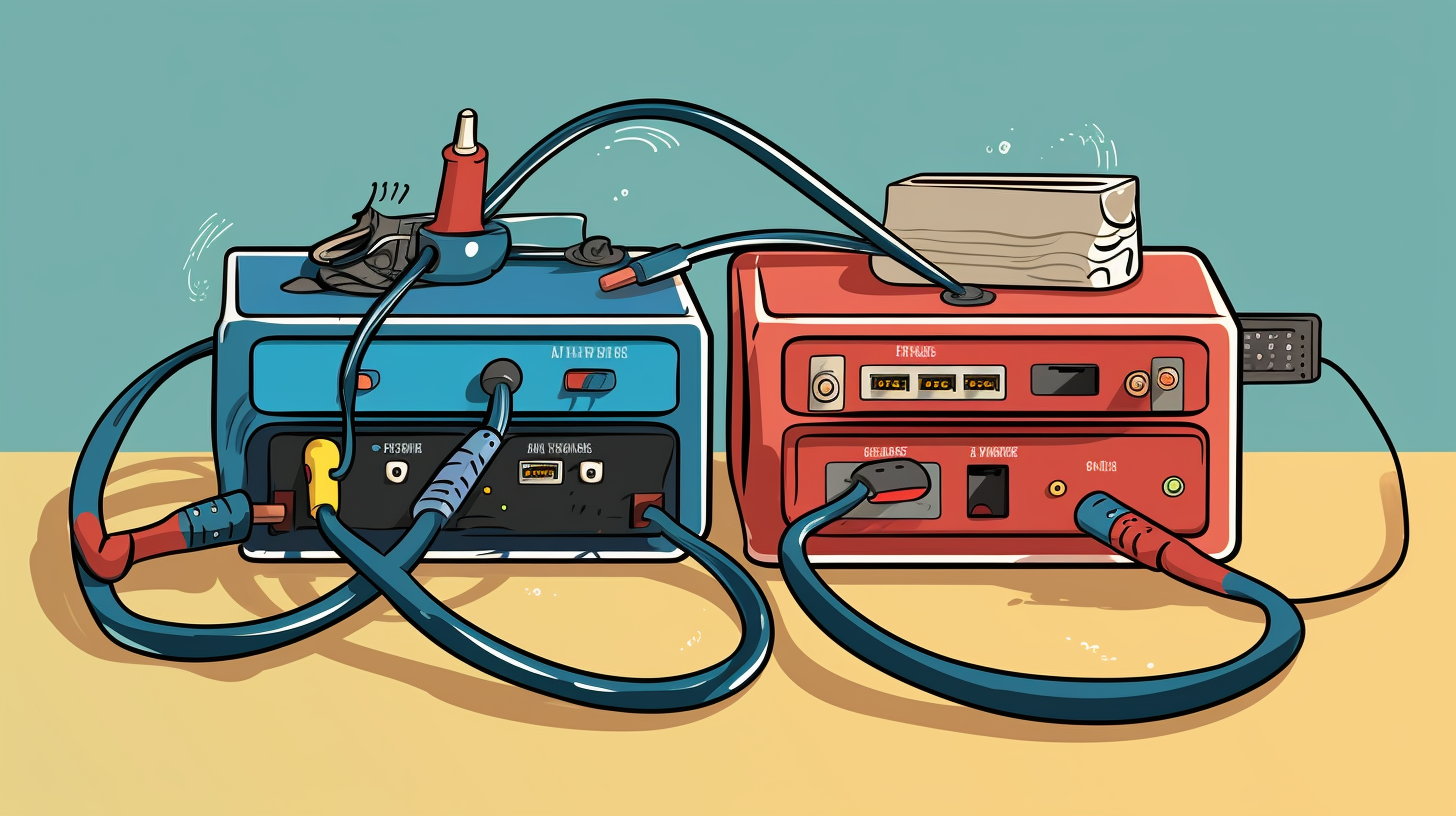 A cartoon illustration of two networking cables connecting devices with a troubleshooting toolkit nearby.