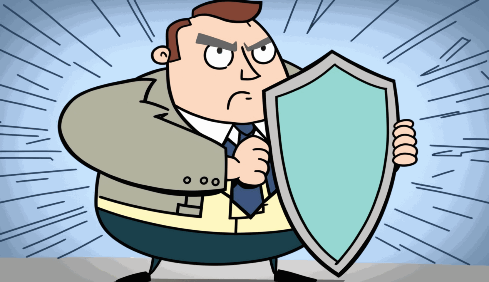 A cartoon image of a business owner holding a shield labeled cybersecurity insurance and blocking cyber threats.