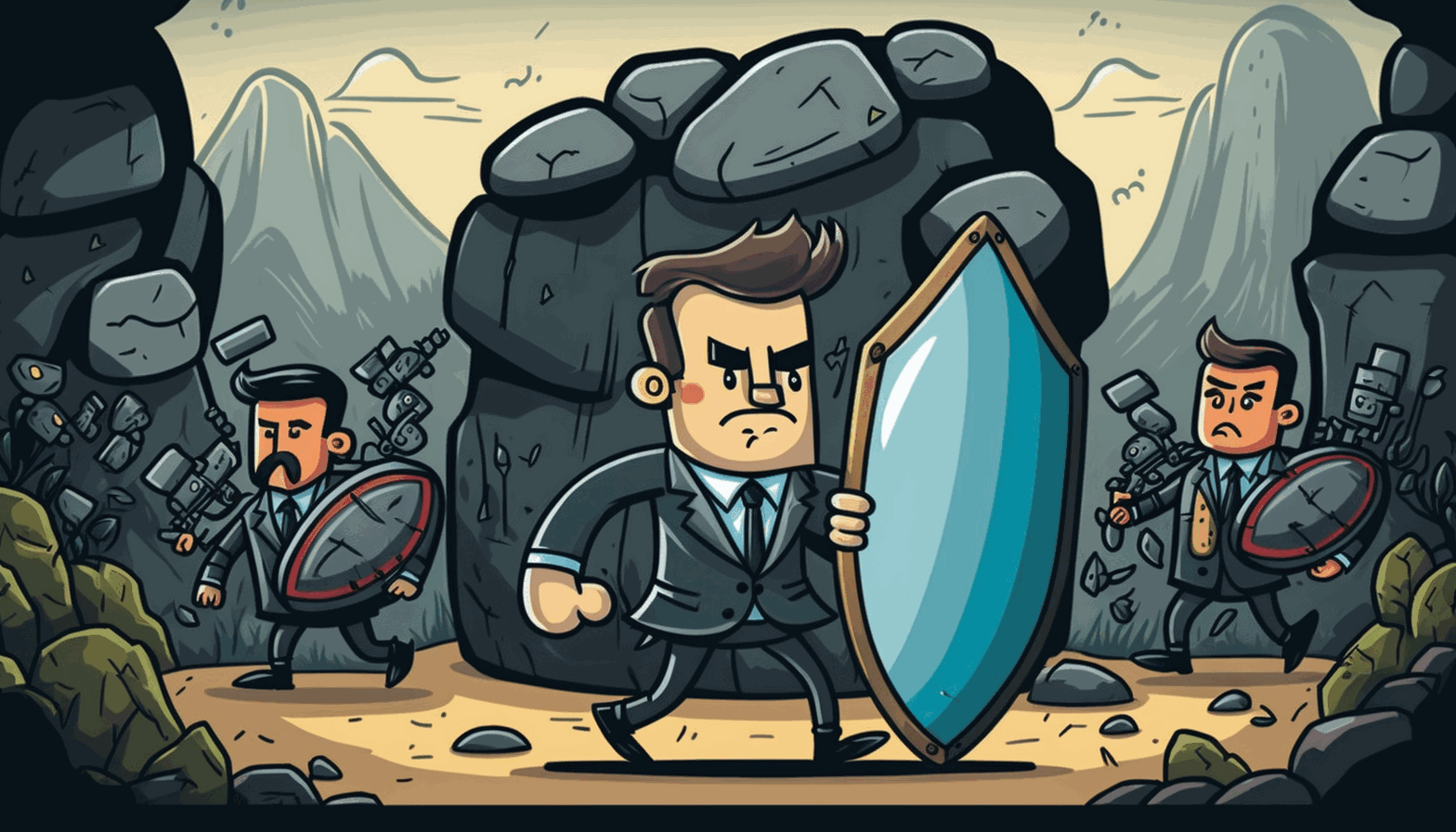 A cartoon image of a businessman standing on a rock and holding a shield to protect his business from cyber threats, with a row of third-party vendors standing behind him offering different security services.