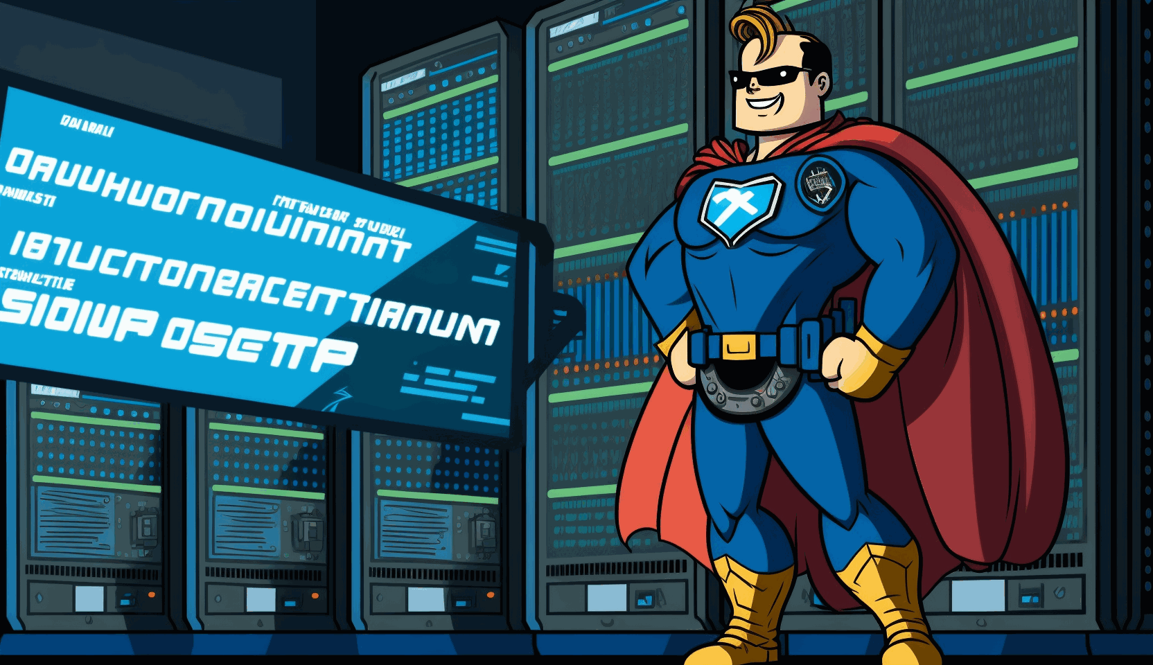 A cartoon image of a confident system administrator with a superhero cape, standing beside a well-organized server rack, holding a PowerShell DSC script in one hand and a shield with the Windows logo in the other, protecting the servers from configuration drift and security threats.