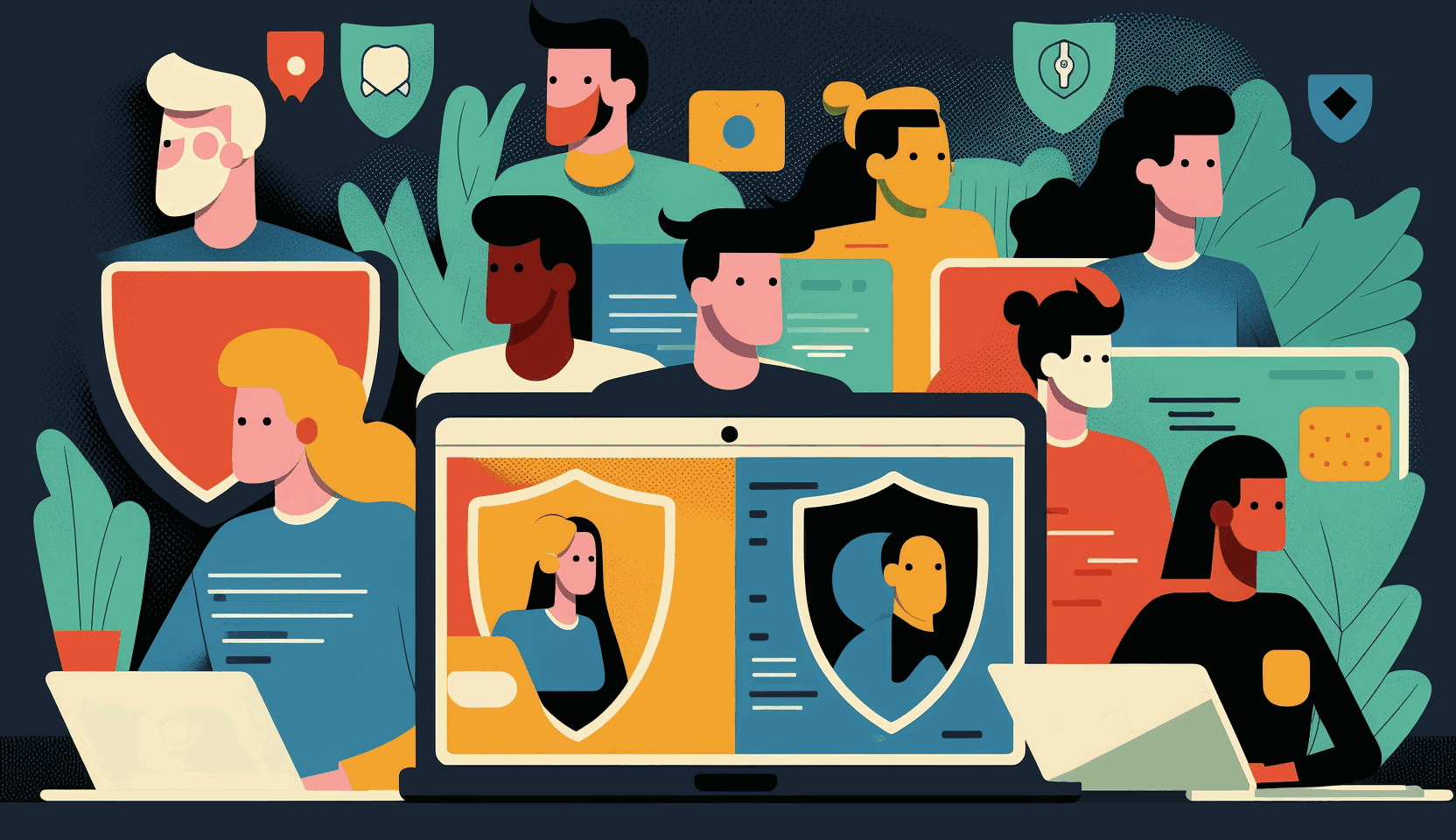 A cartoon image of a diverse group of remote employees participating in an engaging security awareness training session on their laptops, with various cybersecurity symbols surrounding them.