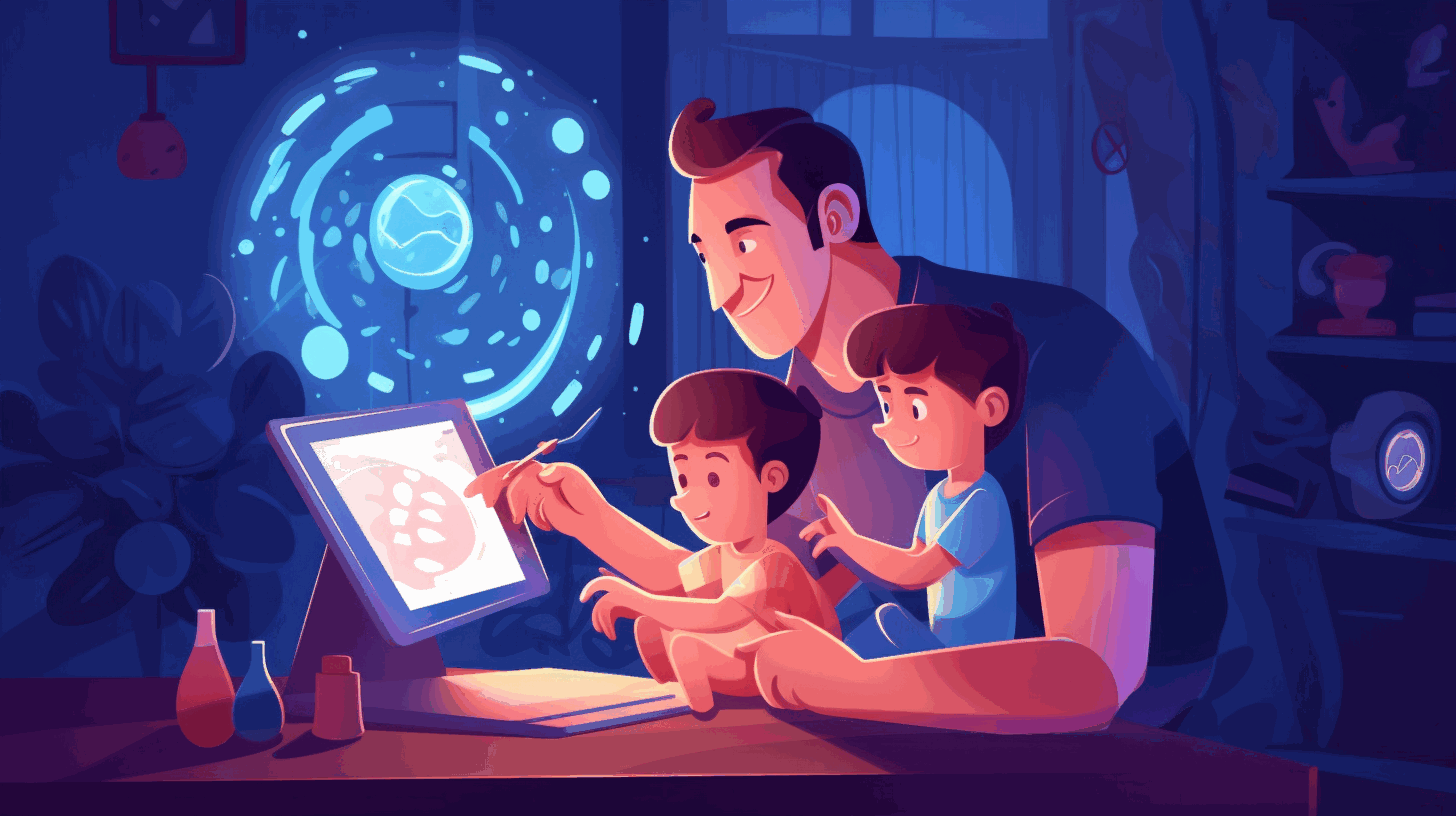 A cartoon image of a parent and child using a computer together, with the child holding a magnifying glass and the parent pointing to the screen.