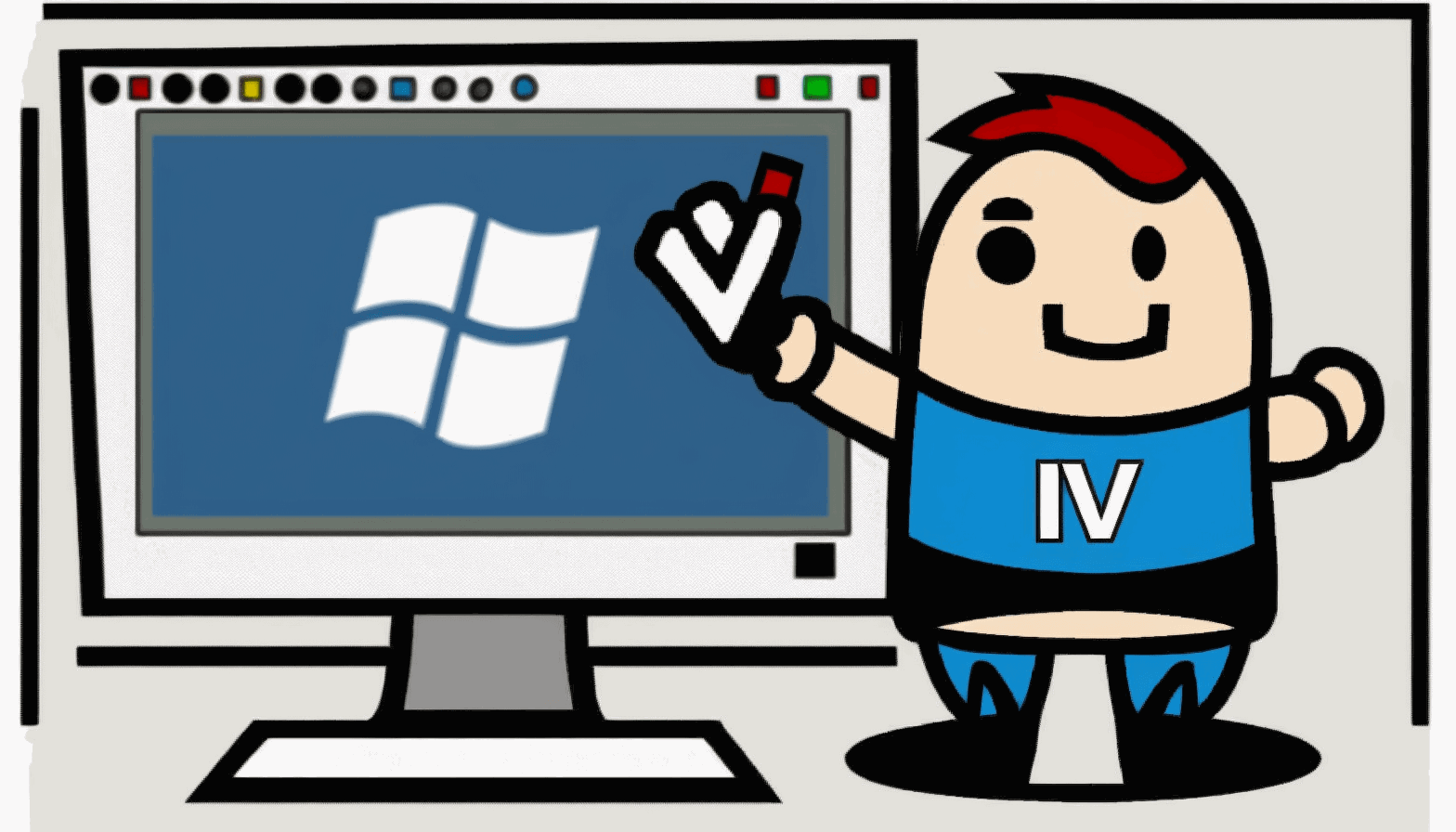 A cartoon image of a person holding a USB stick with a Windows logo and a checkmark, standing in front of a computer screen with a Windows logo on it.