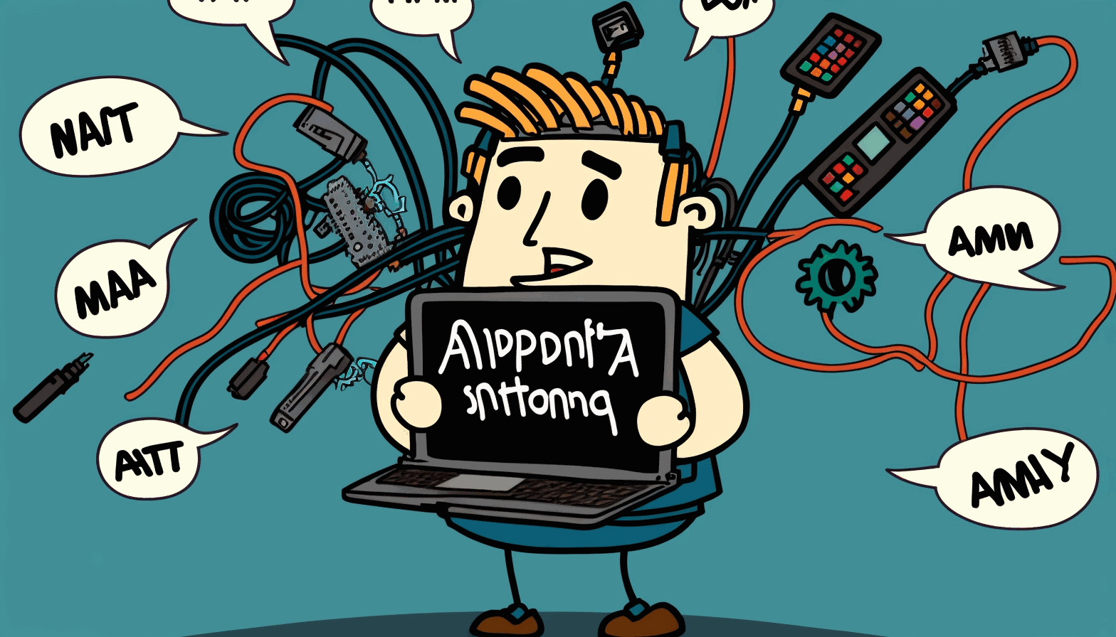 A cartoon image of a person holding a laptop while surrounded by various computer hardware components and networking cables, with a thought bubble displaying a series of CompTIA A+ acronyms and troubleshooting procedures.