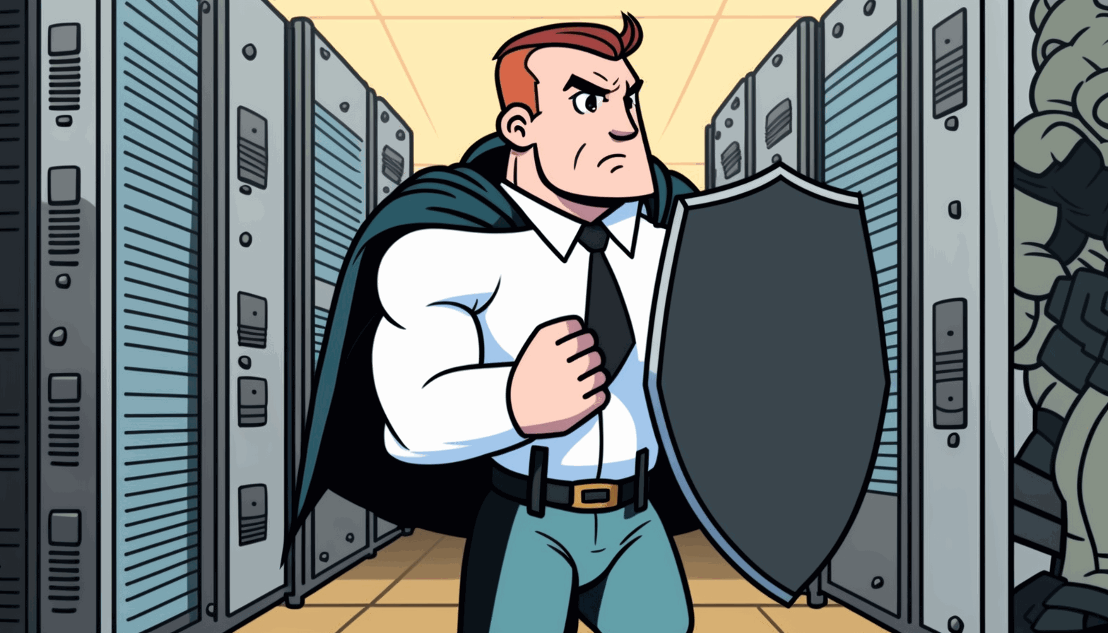 A cartoon image of a person holding a shield and standing guard in front of a server room to represent the protection and security that implementing patches provides.