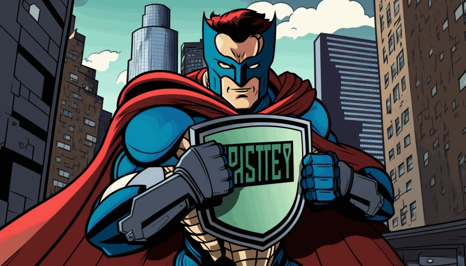 A cartoon image of a person in a superhero suit holding a shield with the word Cybersecurity on it, with a cityscape and computer screens in the background.