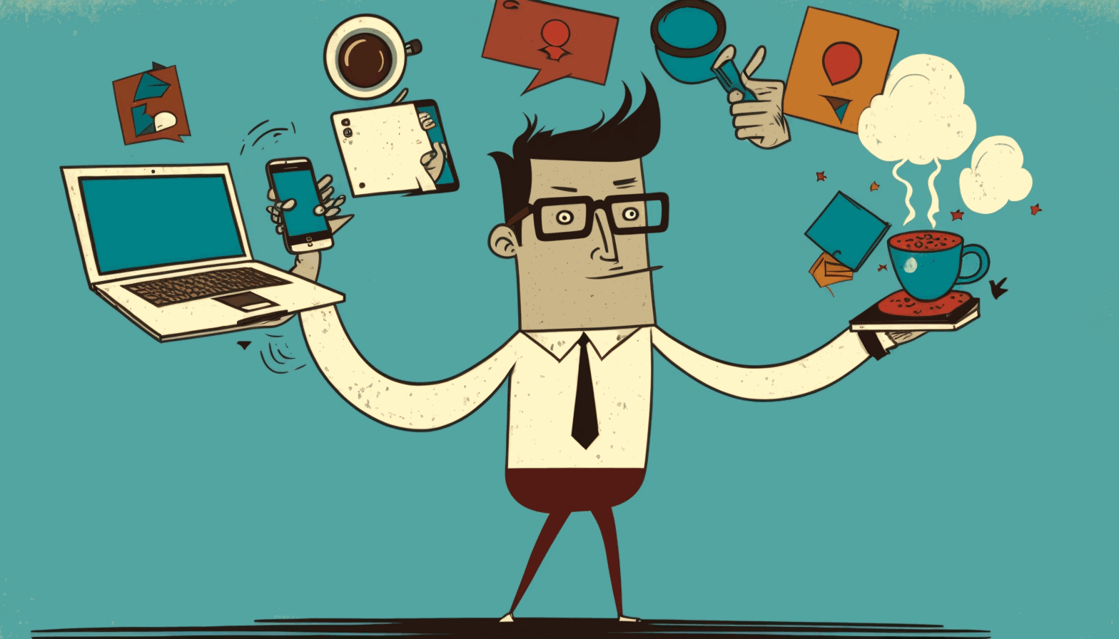 A cartoon image of a person juggling various personal devices (laptop, smartphone, tablet) and work-related items (documents, coffee cup)