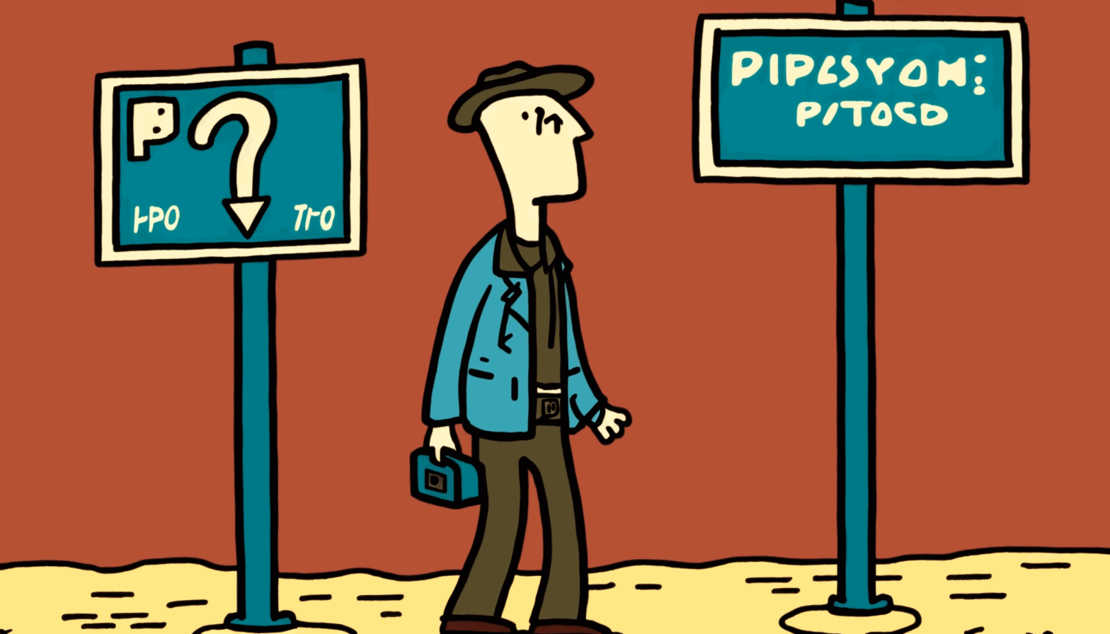 A cartoon image of a person standing at a crossroads, with a signpost showing IPv4 and IPv6 directions, representing the choice and transition between the two protocols.