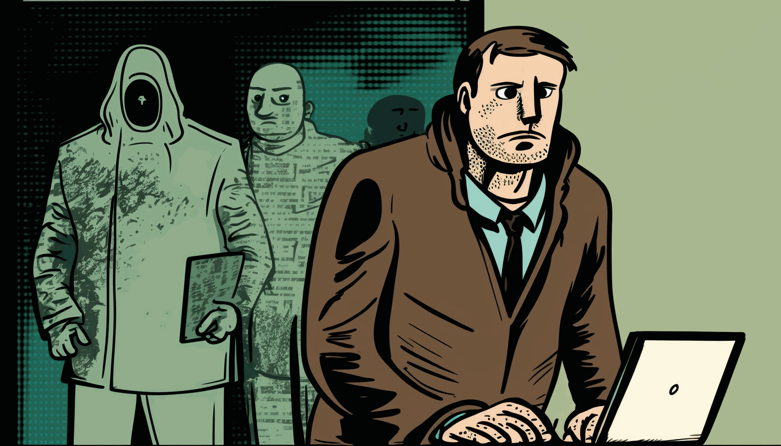 A cartoon image of a person standing in front of a computer or phone with a concerned expression, while a cartoon hacker lurks in the background.
