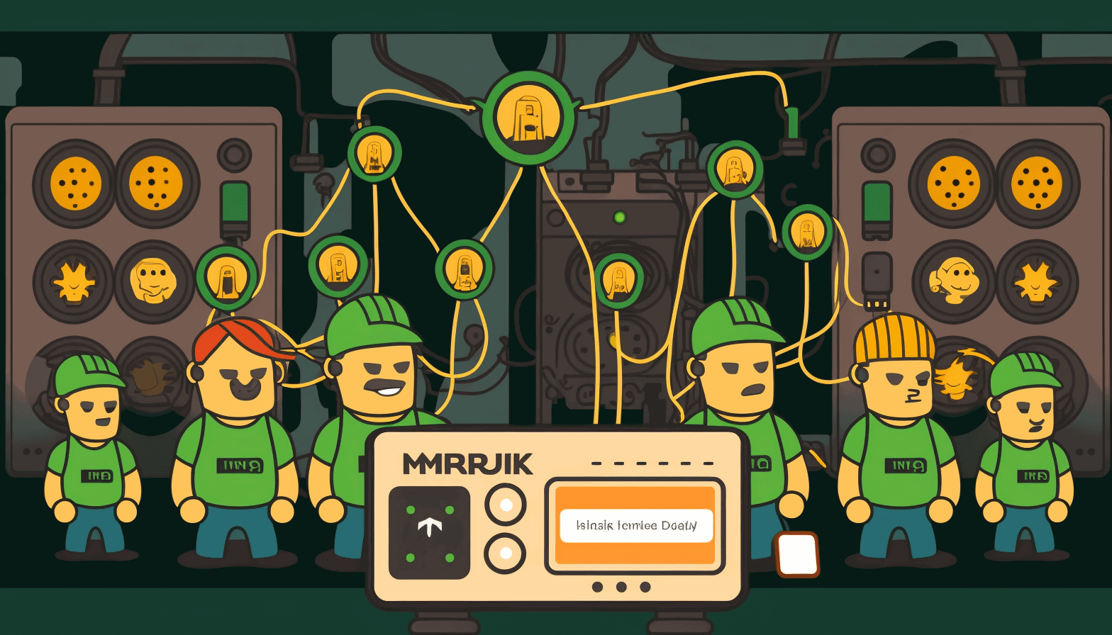 A cartoon image of multiple low-powered miners connected to a network hub with the tools discussed in the article.