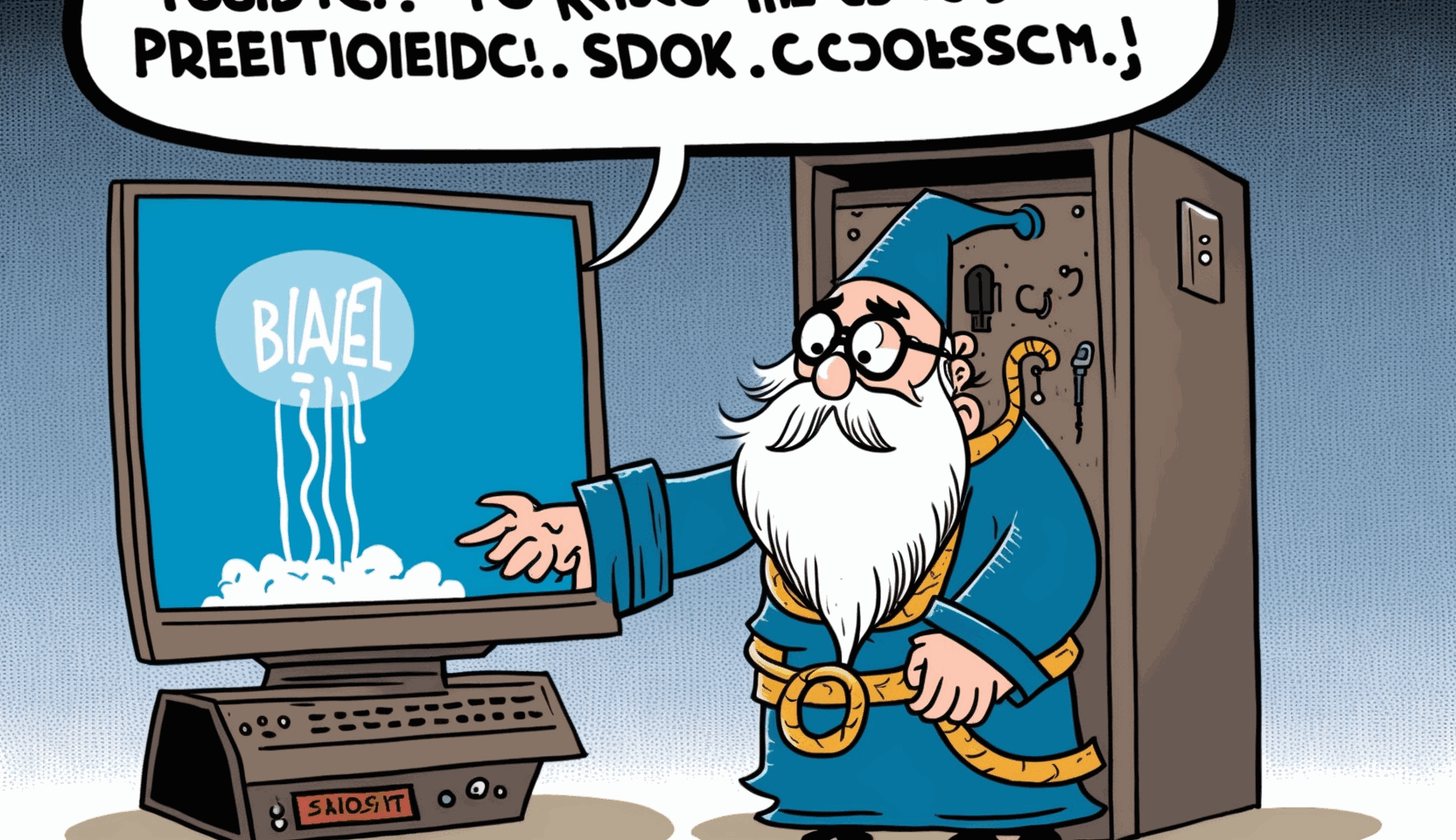 A cartoon of a wizard casting a spell to fix a frozen computer, with a speech bubble saying Problem Solved