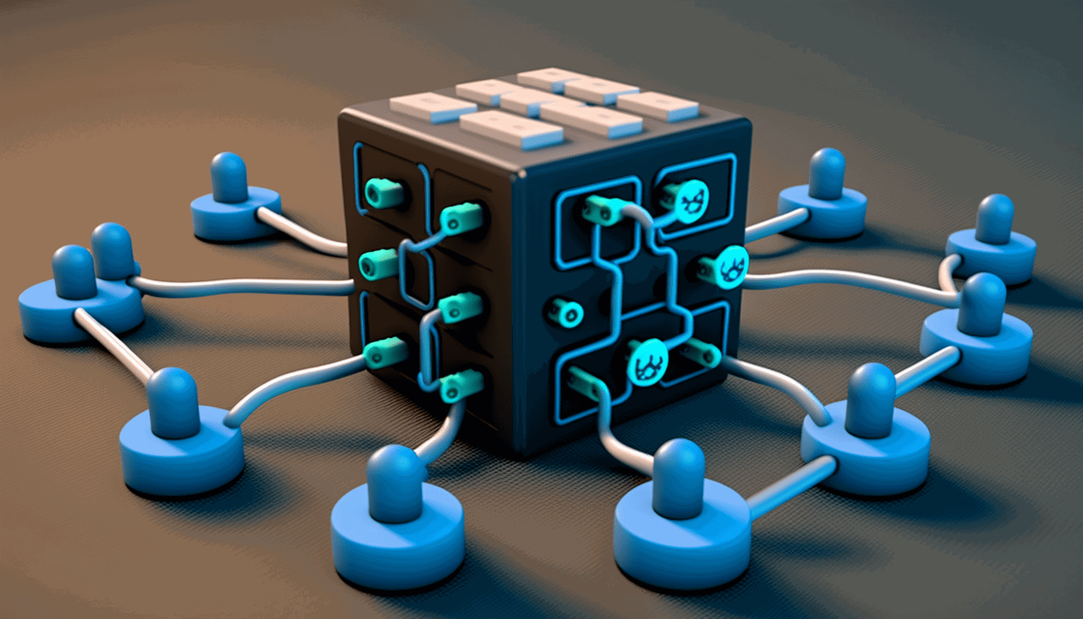 A cartoon or 3d animated image of a computer with a chain symbolizing the blockchain, connected to multiple other computer symbols representing the peers in the network, all connected to a central hub symbolizing the centralized cache setup.