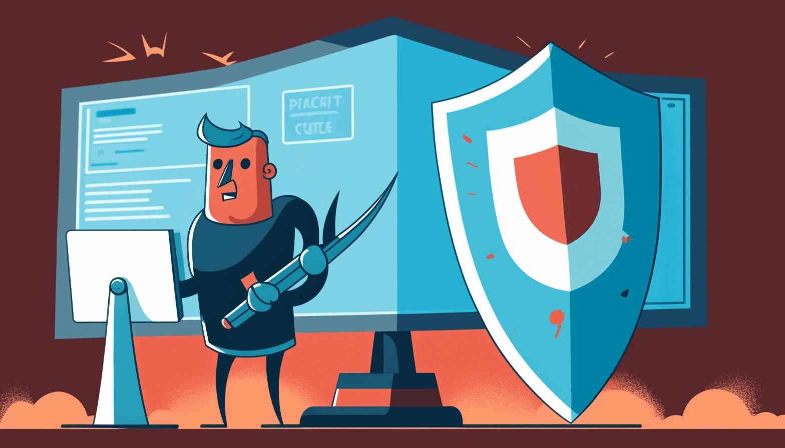 A cartoon style image of a person standing with a shield in front of a computer screen, protecting it from various cyber attacks such as malware, viruses, phishing, and hacking attempts.