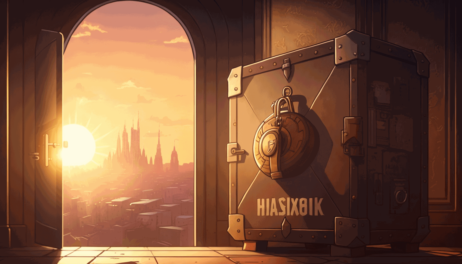 a cartoon vault door being unlocked with a key revealing a treasure chest, all set against a backdrop of a Parisian cityscape at sunset.