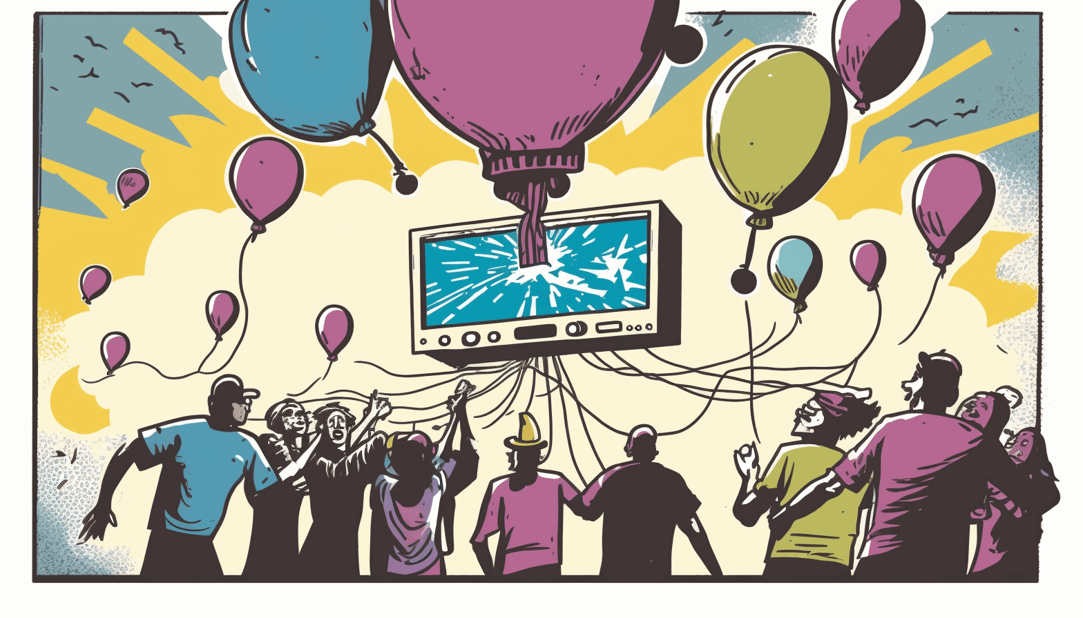 A cartoonish depiction of a group of individuals exploiting a helium balloon with an image of a LoRaWAN gateway and MiddleMan or Chirp Stack Packet Multiplexer in the background.
