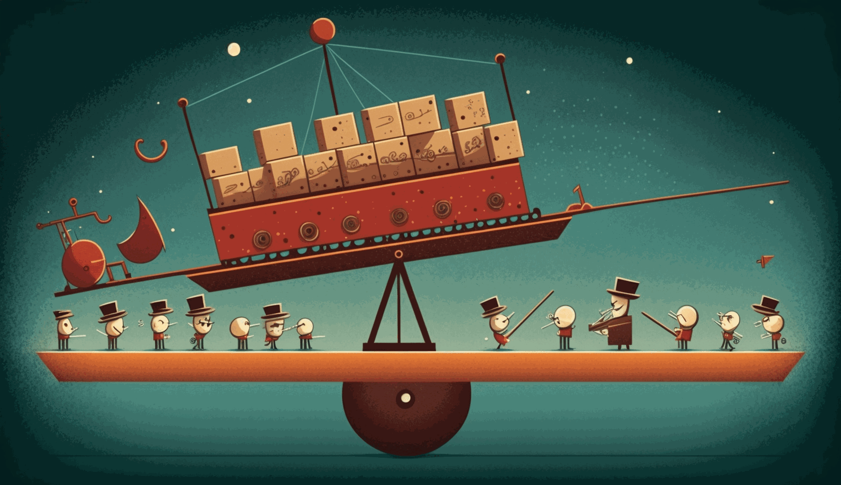 A cartoonish image depicting containers sharing equal weight on a seesaw with an orchestra conductor directing them 