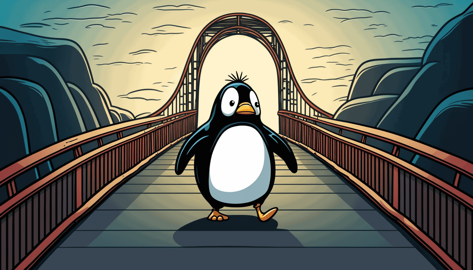 A friendly cartoon Linux penguin confidently walking over a bridge to a successful future.