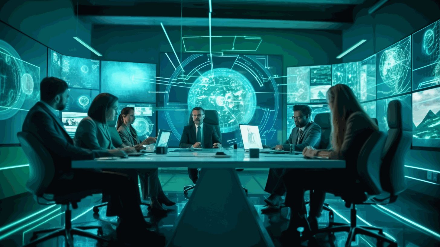 A group of professionals in a virtual meeting discussing cybersecurity strategies.