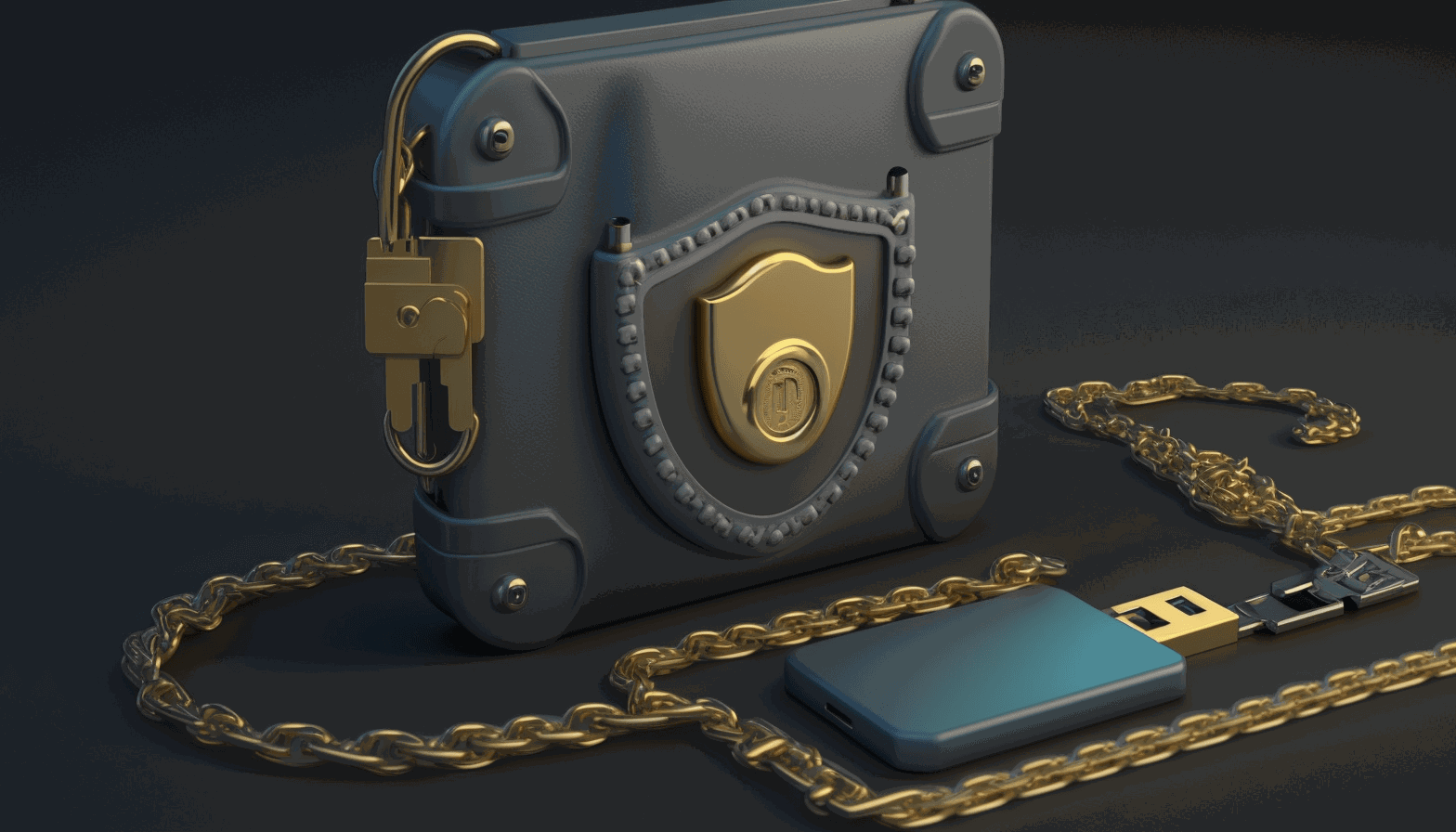 A hardware wallet with a padlock and chain around it, symbolizing the security of storing cryptocurrency in a hardware wallet.