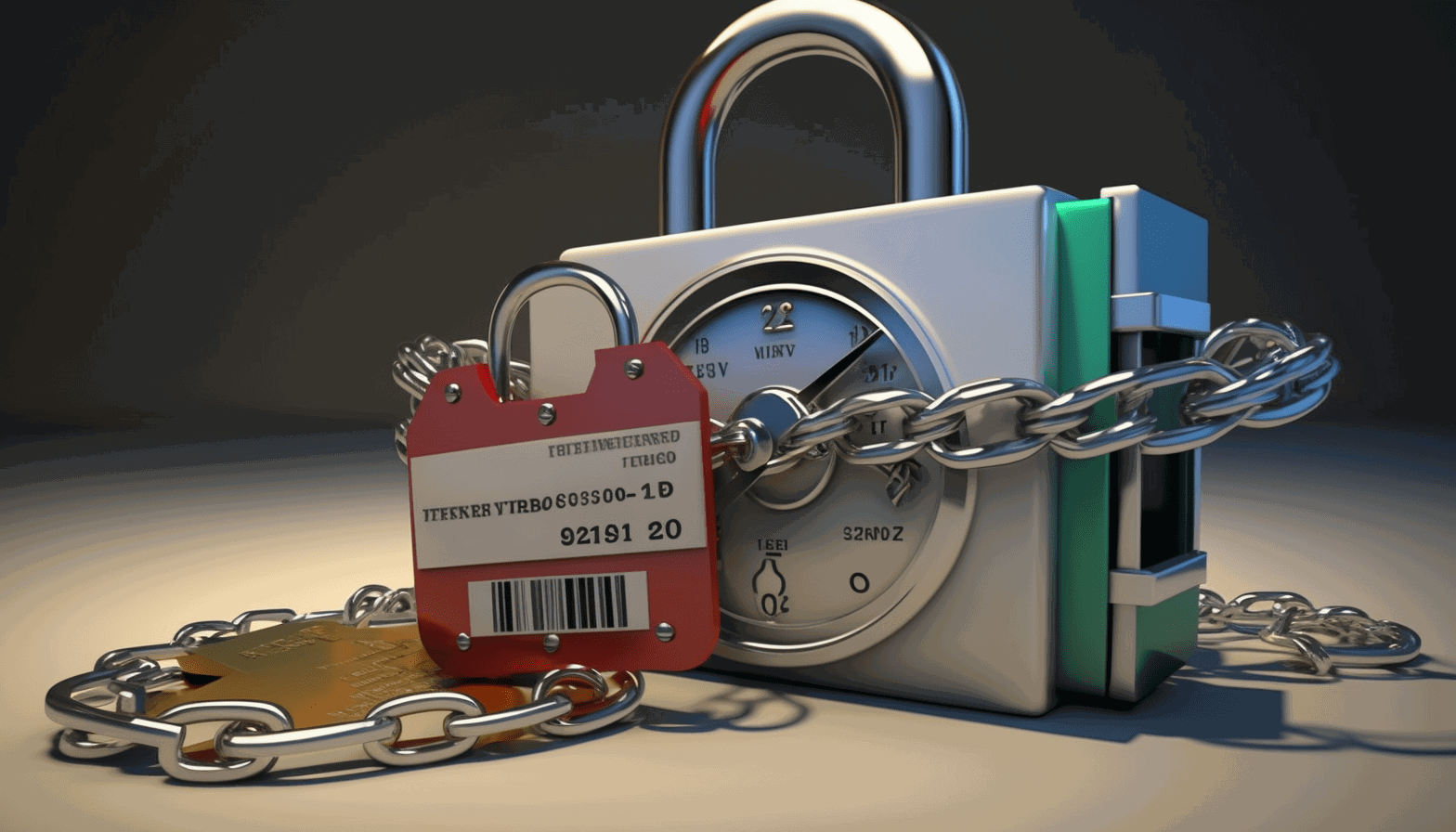 A lock with a chain wrapped around a credit score report, symbolizing the protection and security that freezing your credit provides against identity theft and fraud