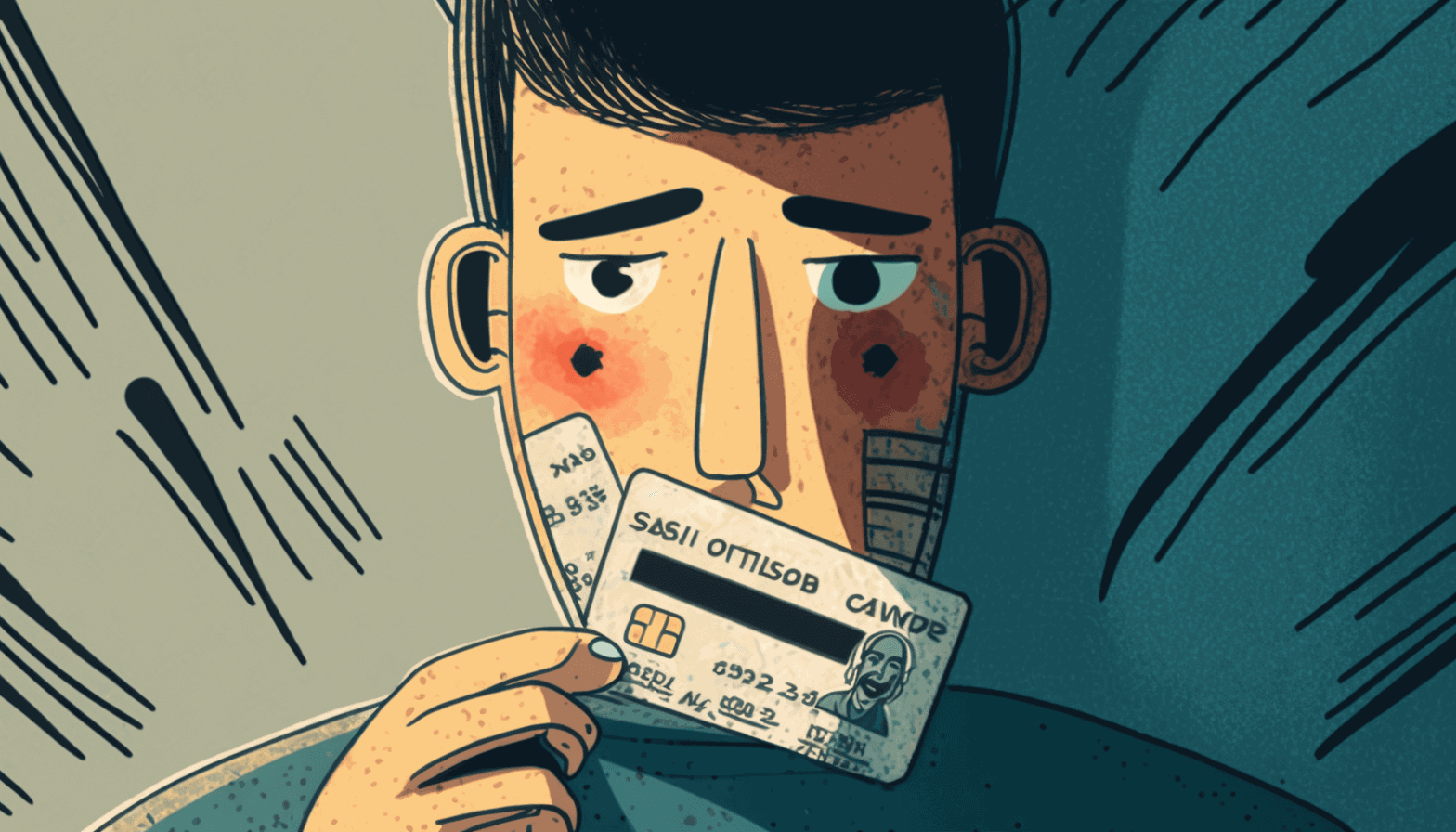 A person holding a credit card in one hand and a lock in the other hand, with a concerned look on their face, as if they are worried about the safety of their personal information.