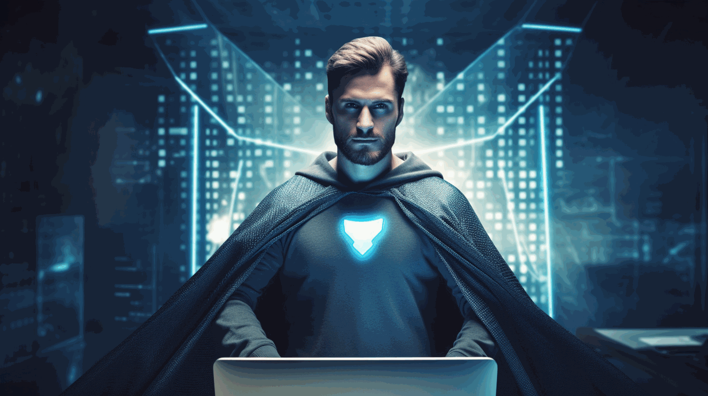 A professional in a superhero cape, standing in front of a computer screen with a shield representing cybersecurity.