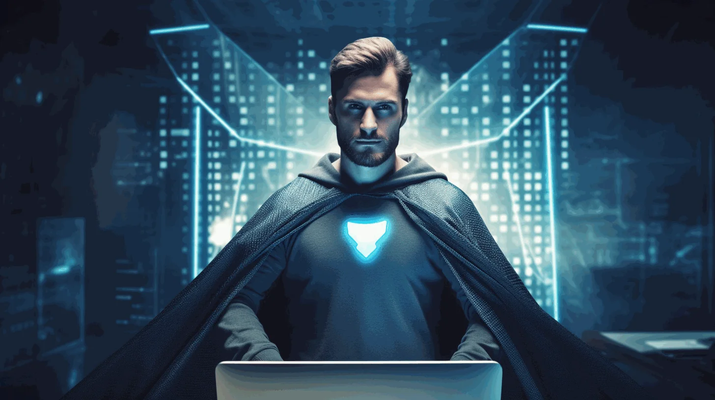 A cybersecurity professional in front of a monitor showing a SIEM dashboard with active threat detections and a running homelab environment.