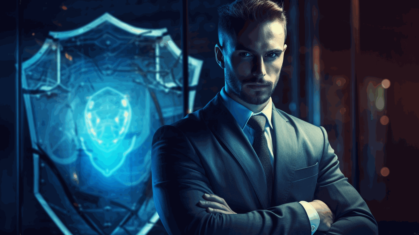A shield-wielding cybersecurity professional safeguarding digital assets against hacker attacks.