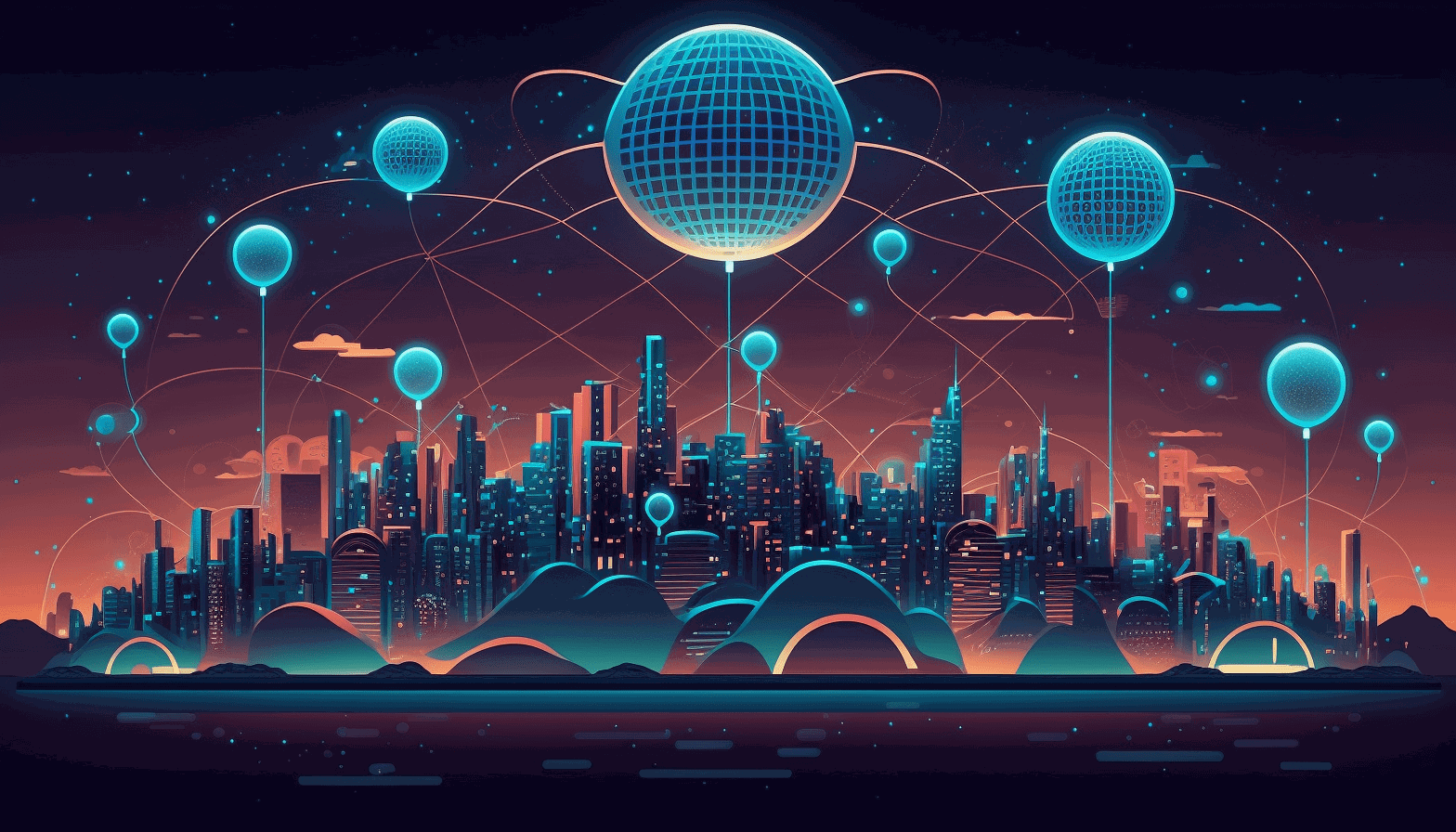 A stylized illustration of a cityscape with various IoT devices connected to a network represented as a web of light, with the Helium logo prominently displayed.