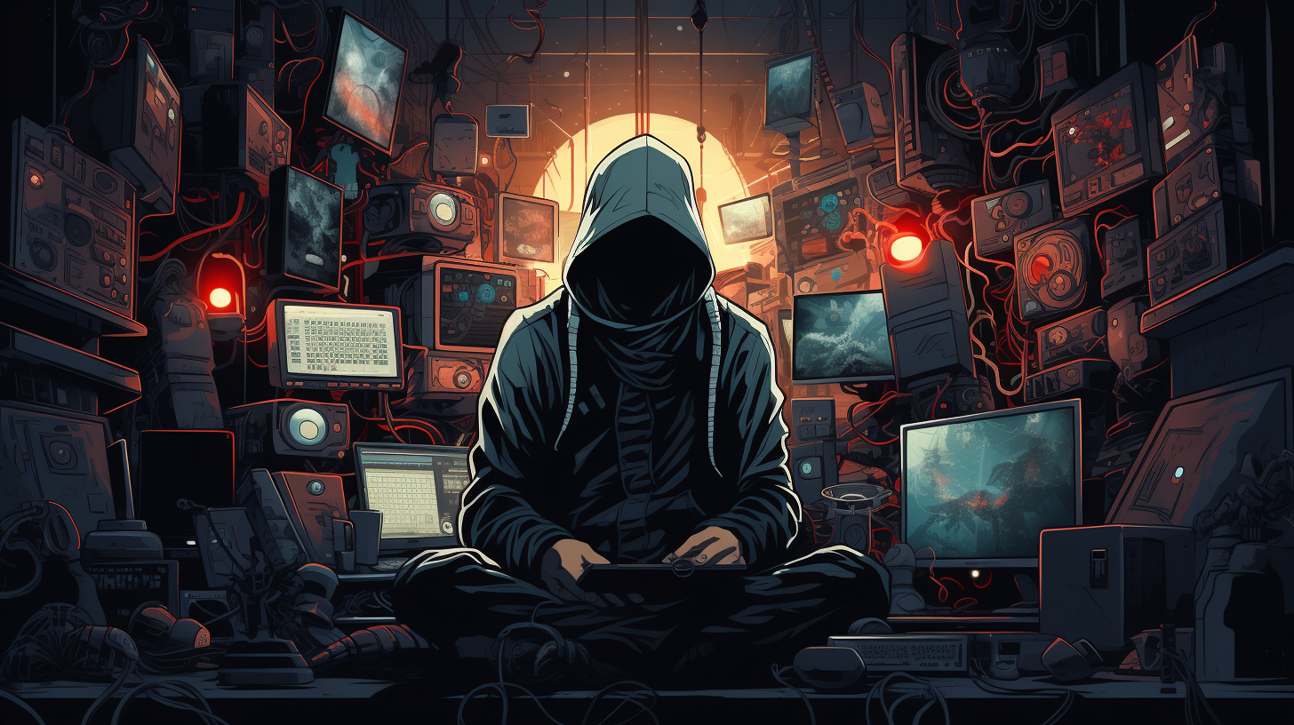 A symbolic art style depicting a hacker surrounded by electronic devices, representing the world of hardware hacking.