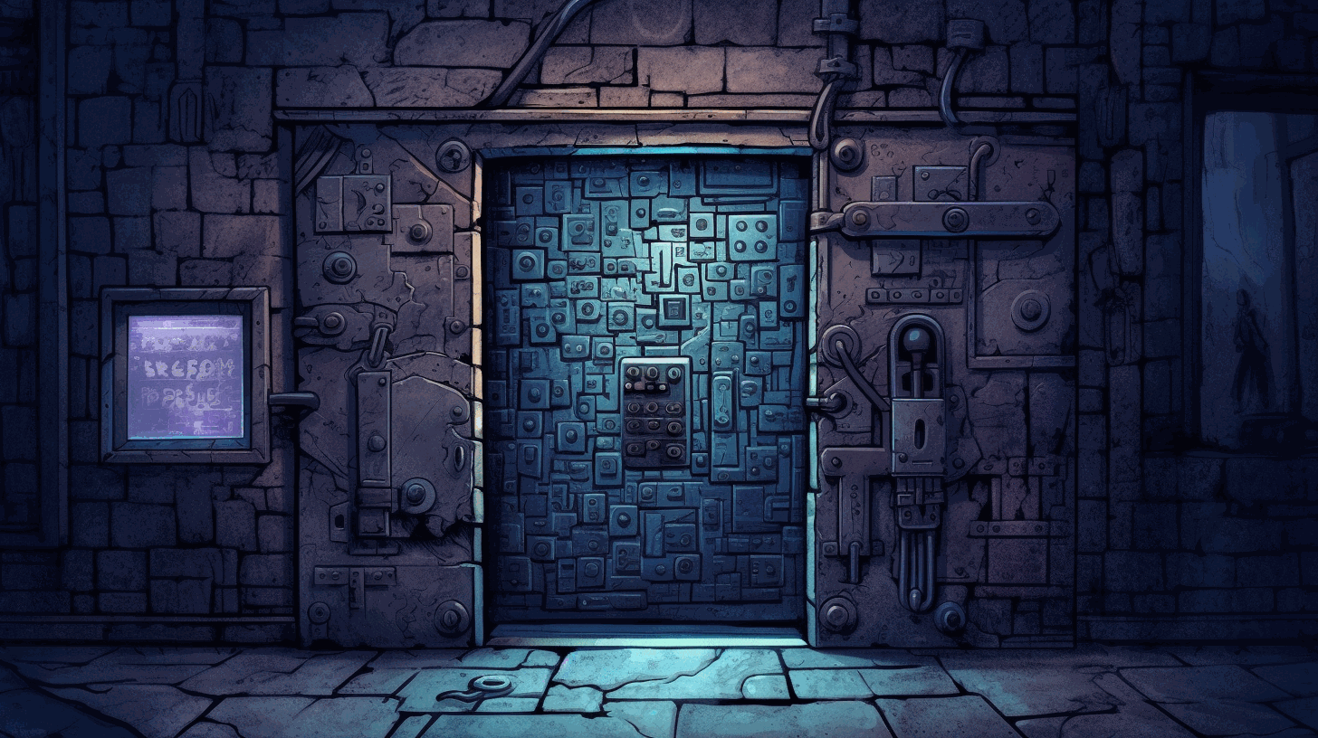 A symbolic, cartoon-style image depicting a locked door with a computer screen showing a hidden network behind it, symbolizing the Dark Web's secrecy and hidden services.