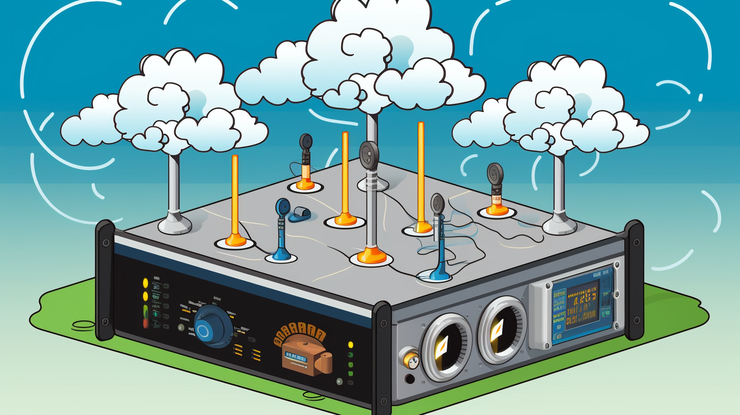 A symbolic cartoon illustration of a network server with environmental sensors measuring temperature, humidity, and electrical conditions