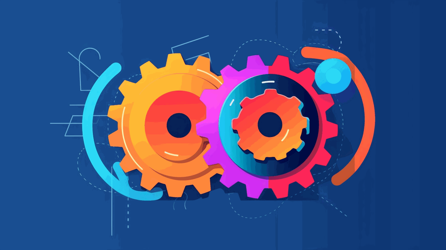 A symbolic illustration depicting two interconnected gears representing collaboration and version control, with Git logo integrated into the design.