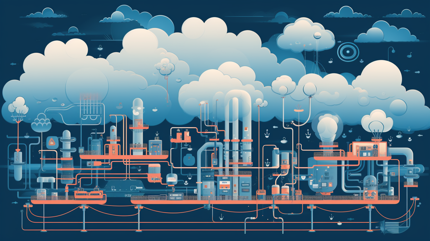 A symbolic illustration of a cloud with interconnected devices and infrastructure