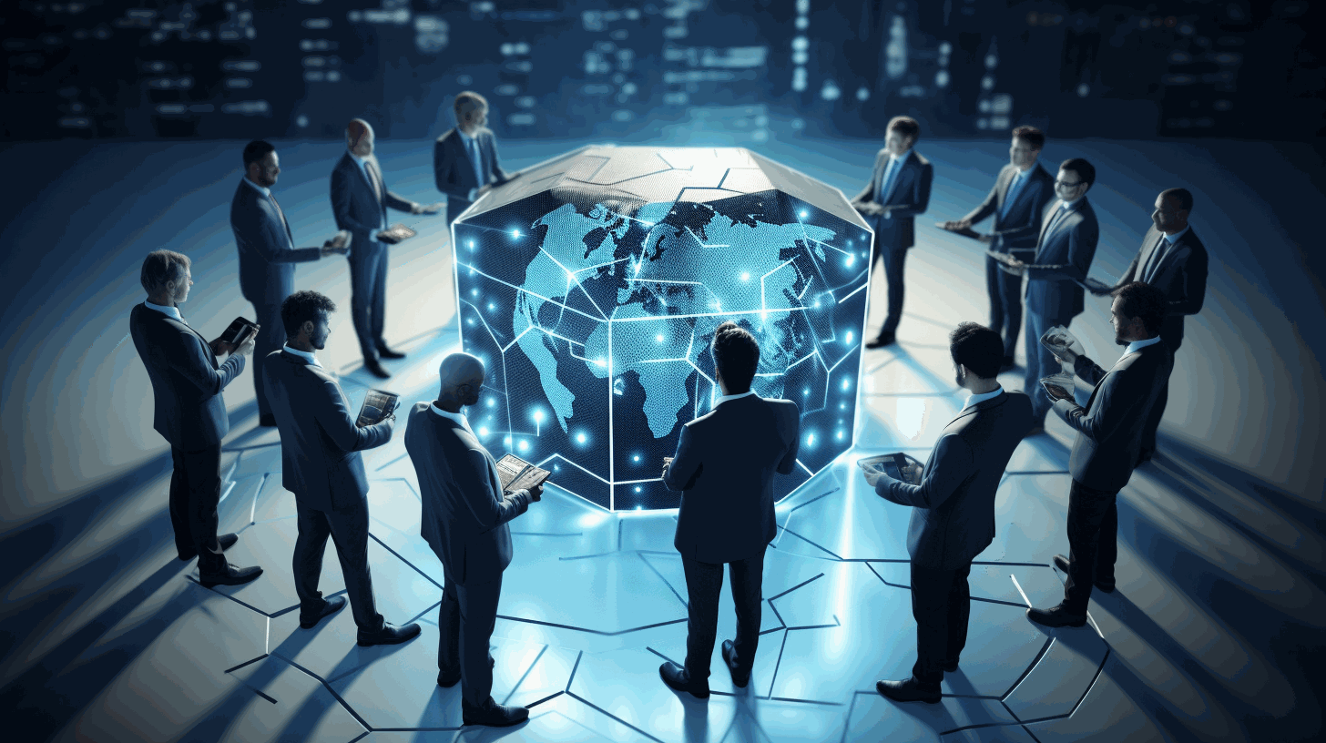 A team of professionals working together to build a shield around a network server, symbolizing protection and resilience against cyber threats.